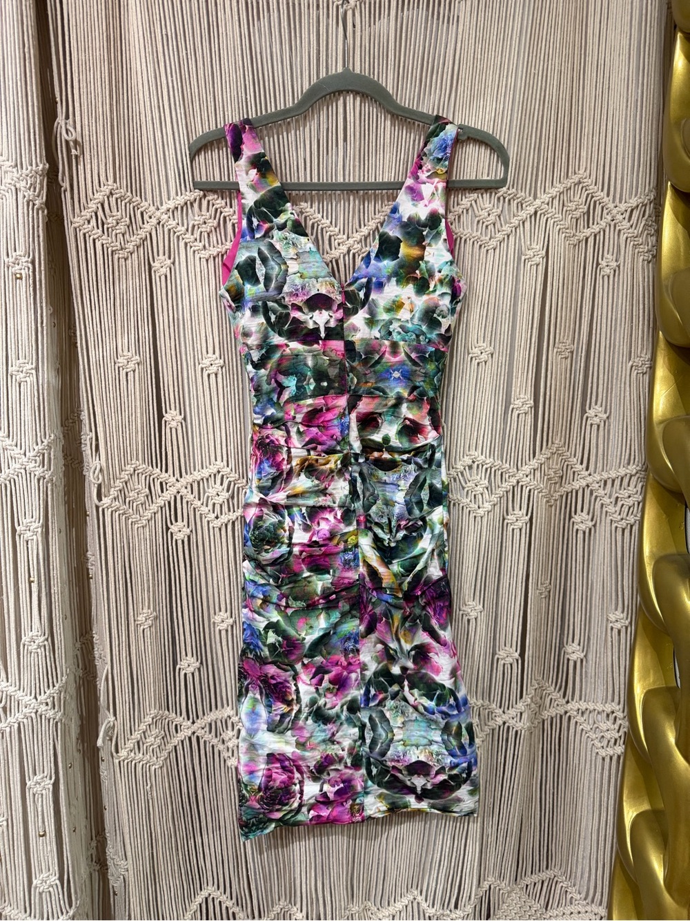 Artelier by Nicole Miller Floral Ruched V‑Neck Mini Dress in Pink, Green, Blue